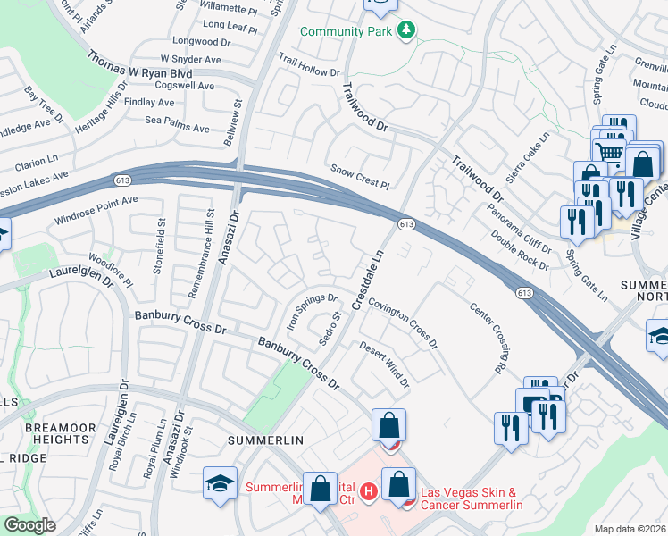 map of restaurants, bars, coffee shops, grocery stores, and more near 10205 Camborne Avenue in Las Vegas