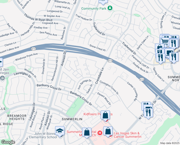 map of restaurants, bars, coffee shops, grocery stores, and more near 10205 Camborne Avenue in Las Vegas
