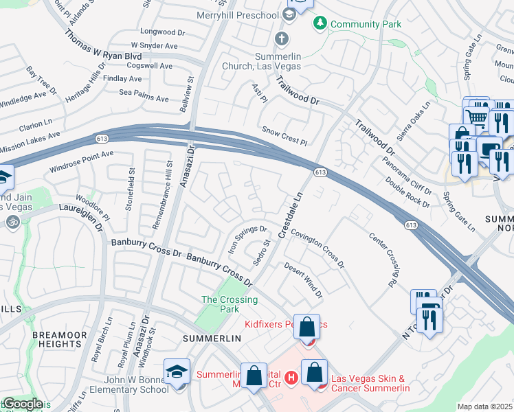 map of restaurants, bars, coffee shops, grocery stores, and more near 1613 Queen Victoria Street in Las Vegas