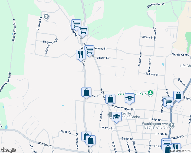 map of restaurants, bars, coffee shops, grocery stores, and more near 1940 North Dixie Avenue in Cookeville