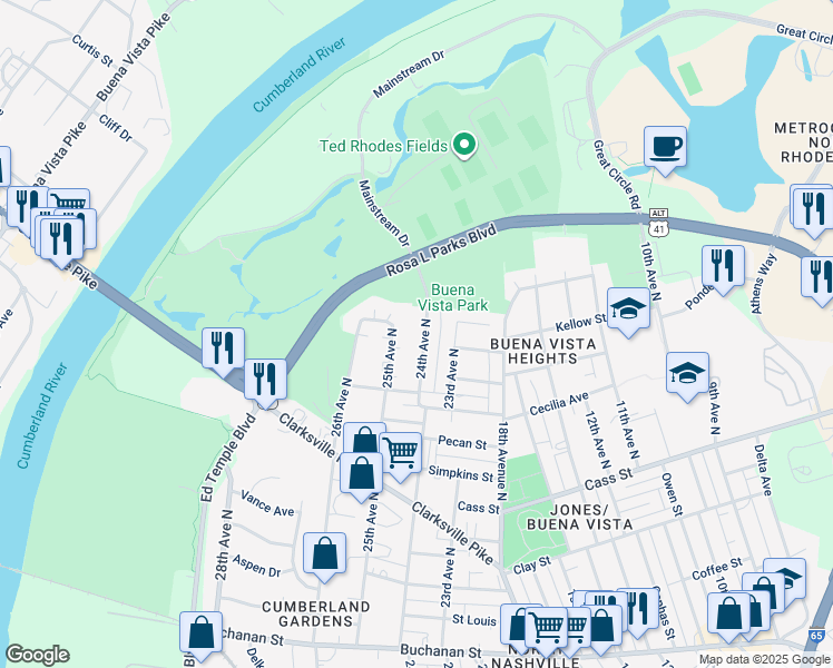 map of restaurants, bars, coffee shops, grocery stores, and more near 2229 24th Avenue North in Nashville