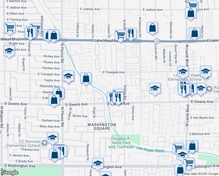 map of restaurants, bars, coffee shops, grocery stores, and more near 3802 East Pecan Lane in Las Vegas