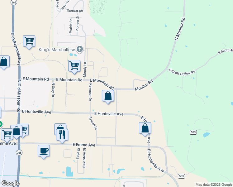 map of restaurants, bars, coffee shops, grocery stores, and more near Monitor Rd in Springdale