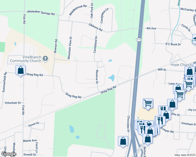map of restaurants, bars, coffee shops, grocery stores, and more near 2011 Reserve Drive in Cookeville