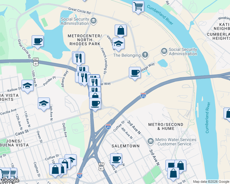 map of restaurants, bars, coffee shops, grocery stores, and more near 45 Vantage Way in Nashville