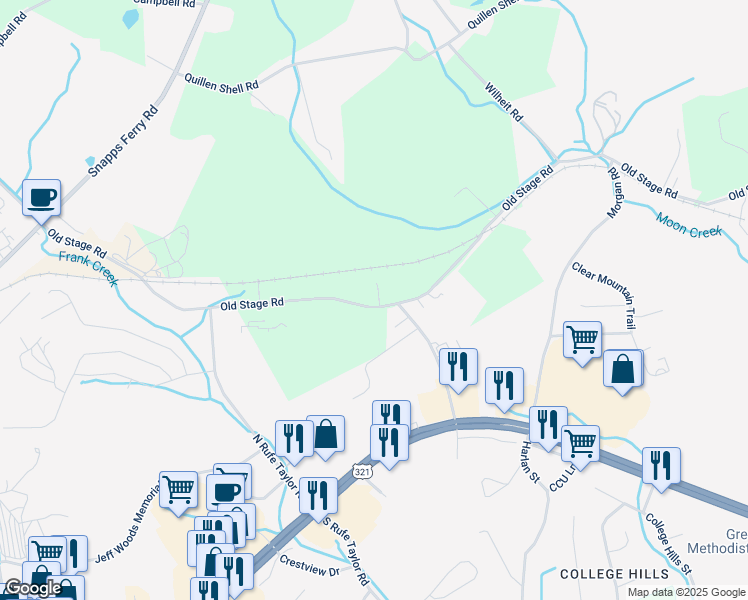 map of restaurants, bars, coffee shops, grocery stores, and more near 875 Old Stage Road in Greeneville