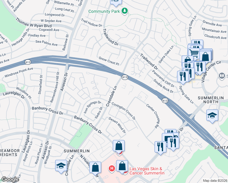 map of restaurants, bars, coffee shops, grocery stores, and more near 1650 Crestdale Ln in Las Vegas