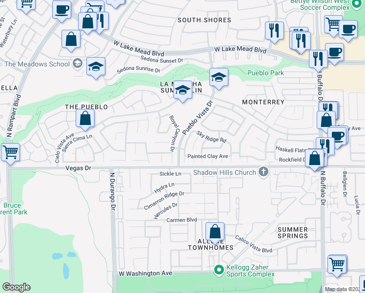 map of restaurants, bars, coffee shops, grocery stores, and more near 1701 Wandering Winds Way in Las Vegas