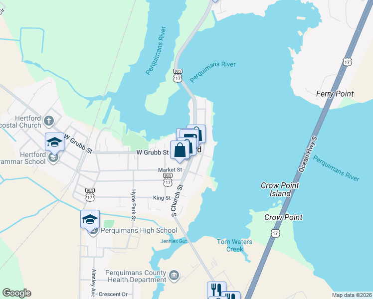 map of restaurants, bars, coffee shops, grocery stores, and more near in Hertford