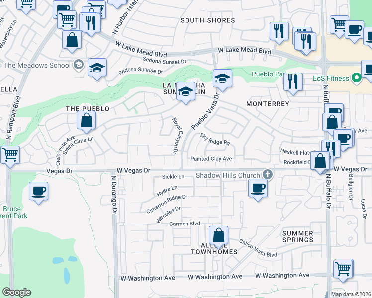 map of restaurants, bars, coffee shops, grocery stores, and more near 1709 Wandering Winds Way in Las Vegas