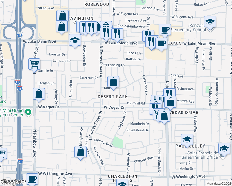 map of restaurants, bars, coffee shops, grocery stores, and more near 6313 Carl Avenue in Las Vegas
