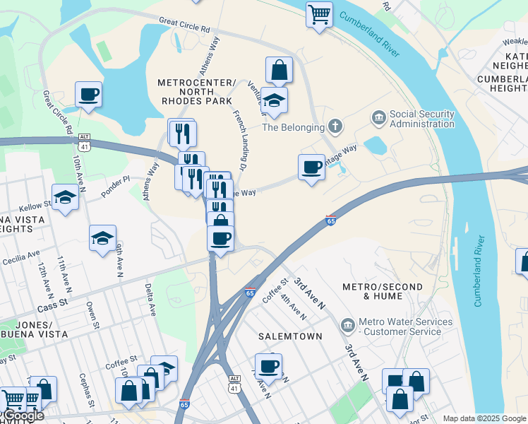 map of restaurants, bars, coffee shops, grocery stores, and more near 45 Vantage Way in Nashville