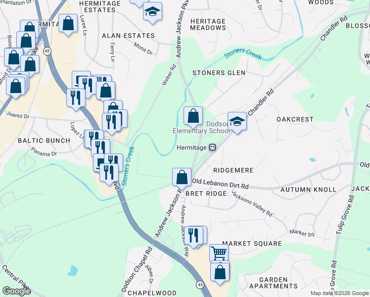map of restaurants, bars, coffee shops, grocery stores, and more near 4112 Andrew Jackson Parkway in Nashville