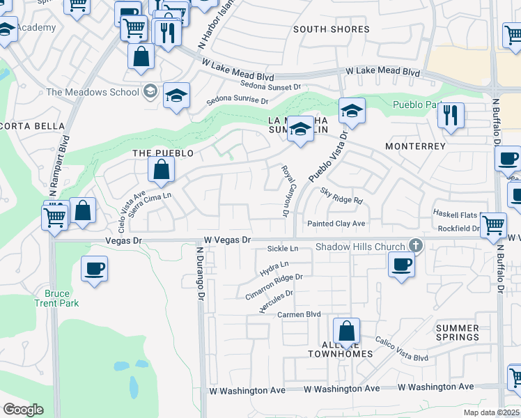 map of restaurants, bars, coffee shops, grocery stores, and more near 8245 Cactus Canyon Court in Las Vegas