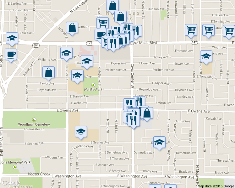 map of restaurants, bars, coffee shops, grocery stores, and more near 2200 Stanley Avenue in North Las Vegas