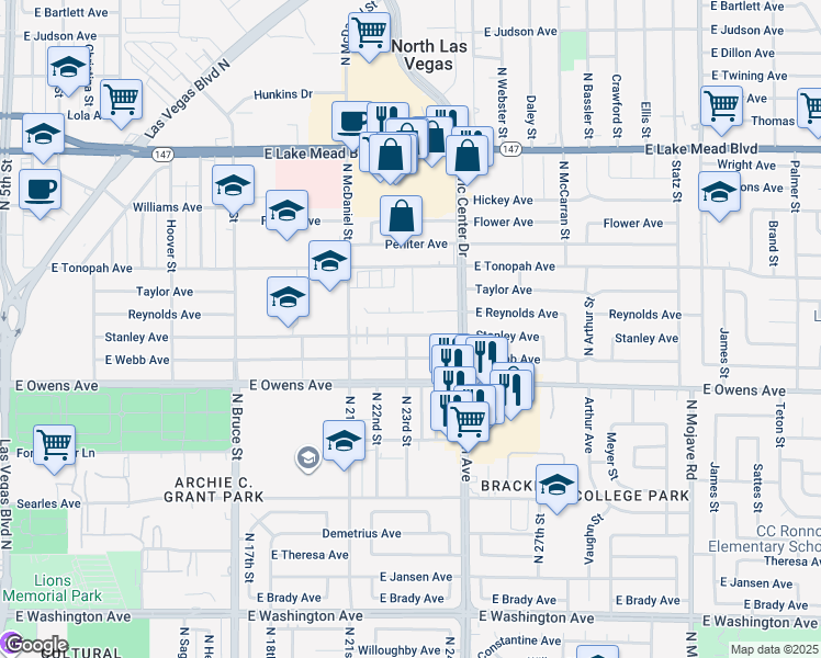 map of restaurants, bars, coffee shops, grocery stores, and more near 2200 Stanley Avenue in North Las Vegas