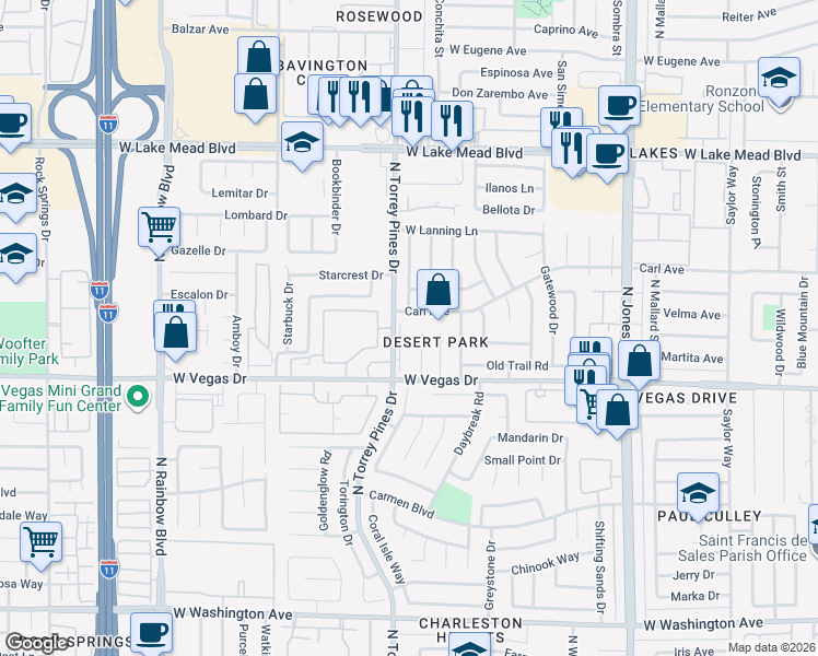 map of restaurants, bars, coffee shops, grocery stores, and more near 1632 North Torrey Pines Drive in Las Vegas