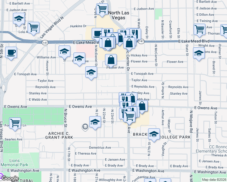 map of restaurants, bars, coffee shops, grocery stores, and more near 2200 Stanley Avenue in North Las Vegas