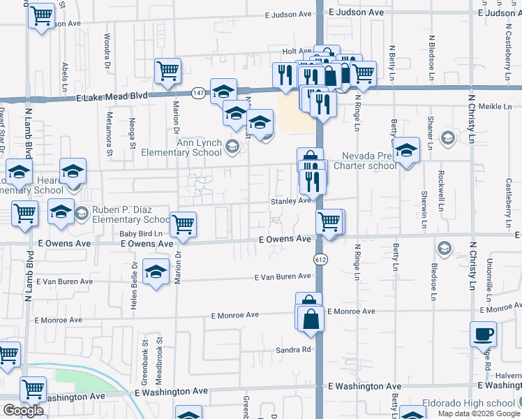 map of restaurants, bars, coffee shops, grocery stores, and more near 1660 North Lamont Street in Las Vegas