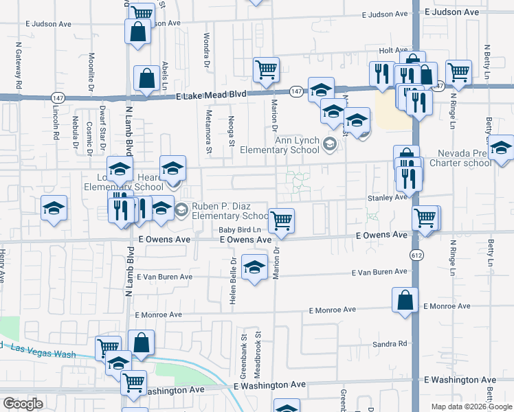 map of restaurants, bars, coffee shops, grocery stores, and more near 4622 Little Wren Lane in Las Vegas