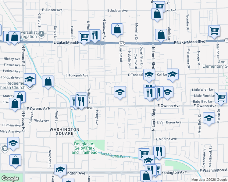 map of restaurants, bars, coffee shops, grocery stores, and more near 1700 North Gateway Road in Las Vegas