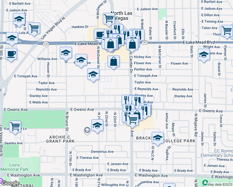 map of restaurants, bars, coffee shops, grocery stores, and more near 2365 Reynolds Avenue in North Las Vegas