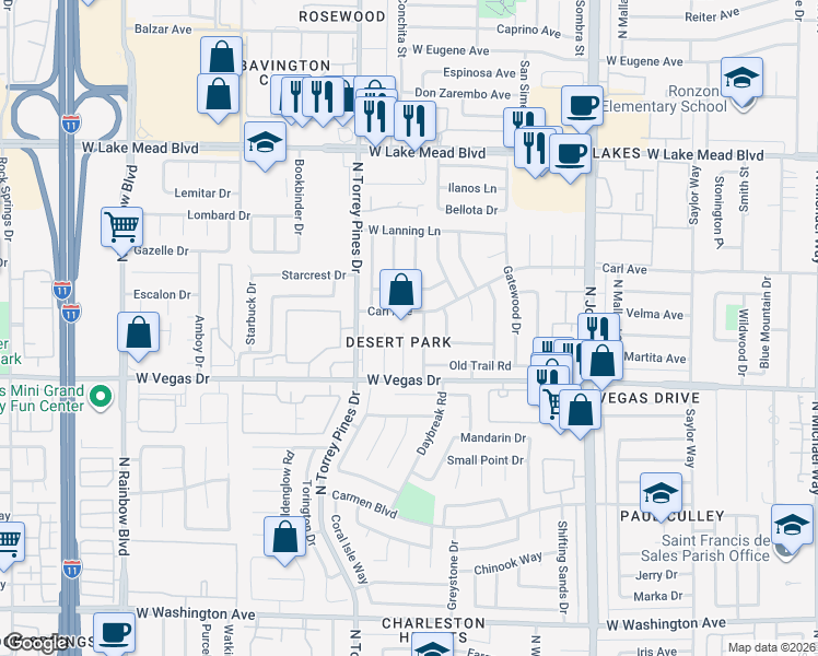 map of restaurants, bars, coffee shops, grocery stores, and more near 6313 Carl Avenue in Las Vegas