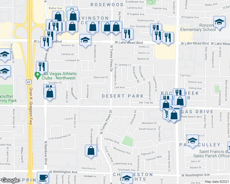map of restaurants, bars, coffee shops, grocery stores, and more near 6337 Carl Avenue in Las Vegas
