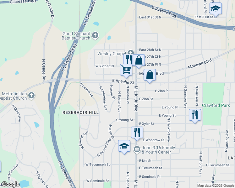 map of restaurants, bars, coffee shops, grocery stores, and more near 2523 North Boston Avenue in Tulsa