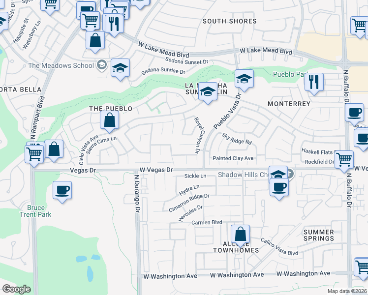 map of restaurants, bars, coffee shops, grocery stores, and more near 8233 Cactus Canyon Court in Las Vegas