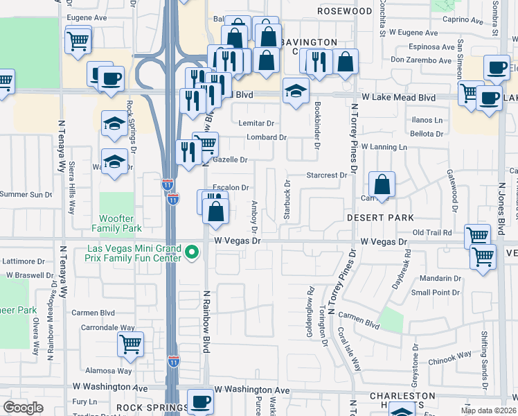 map of restaurants, bars, coffee shops, grocery stores, and more near 1713 Amboy Drive in Las Vegas