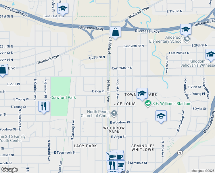 map of restaurants, bars, coffee shops, grocery stores, and more near 2544 North Peoria Avenue in Tulsa