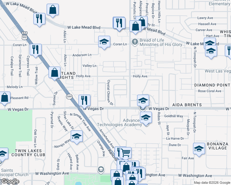 map of restaurants, bars, coffee shops, grocery stores, and more near 1728 Windchime Drive in Las Vegas