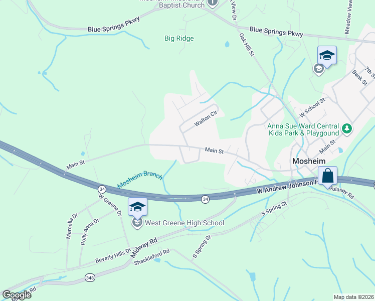 map of restaurants, bars, coffee shops, grocery stores, and more near 1585 Main Street in Mosheim