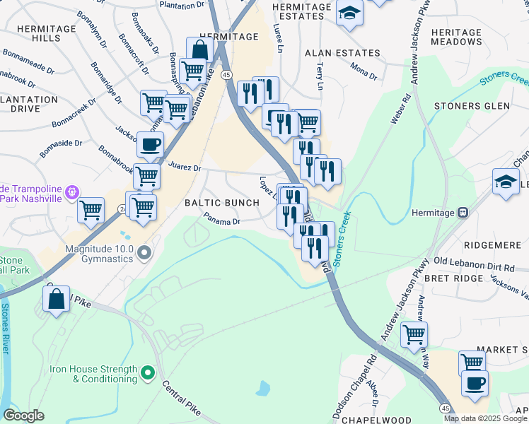 map of restaurants, bars, coffee shops, grocery stores, and more near 7003 Panama Drive in Nashville