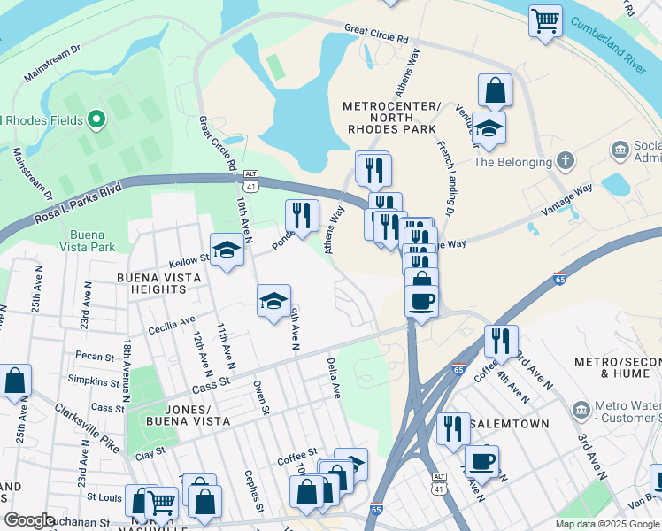 map of restaurants, bars, coffee shops, grocery stores, and more near 339 Athens Way in Nashville