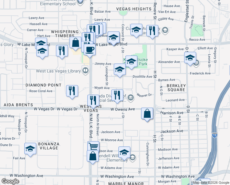 map of restaurants, bars, coffee shops, grocery stores, and more near 1113 Wyatt Avenue in Las Vegas