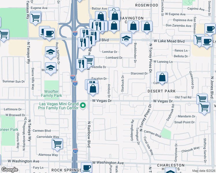 map of restaurants, bars, coffee shops, grocery stores, and more near 6601 Dunsmuir Circle in Las Vegas