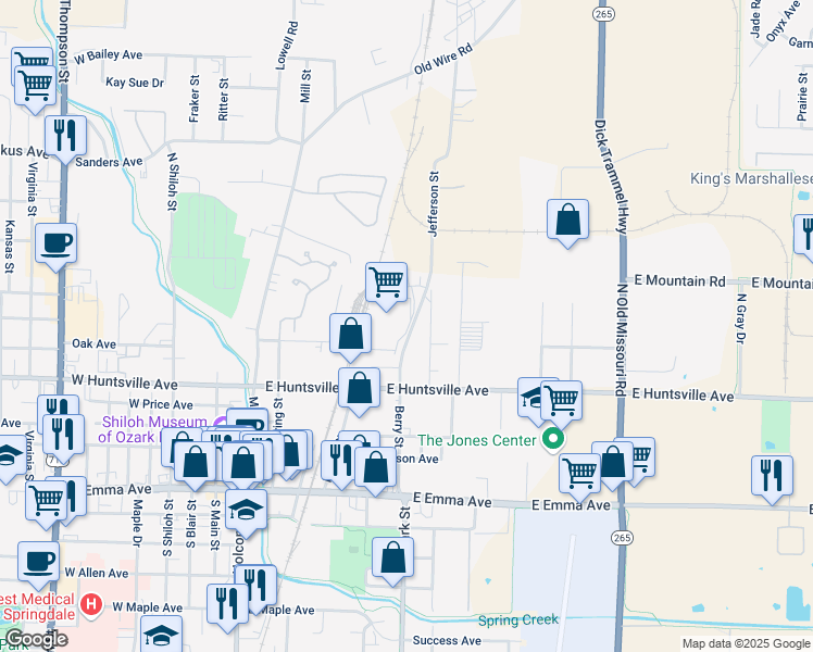 map of restaurants, bars, coffee shops, grocery stores, and more near 609 Berry Street in Springdale