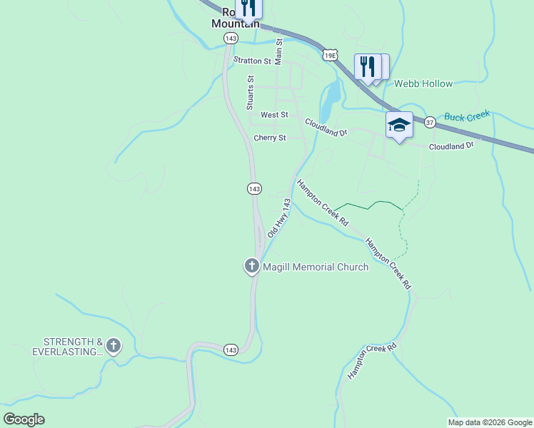 map of restaurants, bars, coffee shops, grocery stores, and more near 624 Old Highway 143 in Roan Mountain