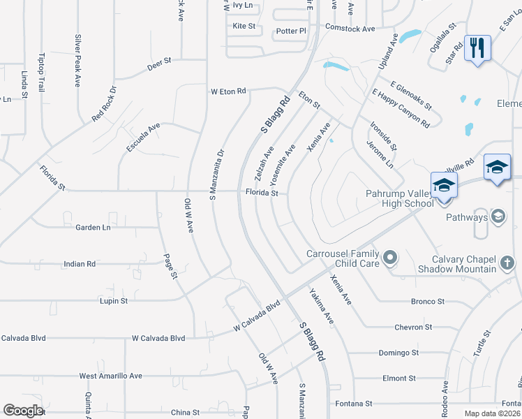 map of restaurants, bars, coffee shops, grocery stores, and more near 2001 Zelzah Avenue in Pahrump