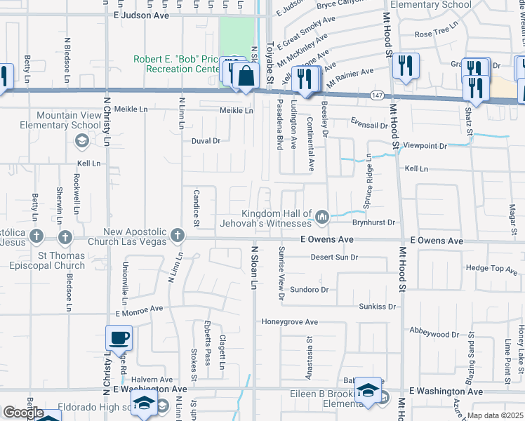 map of restaurants, bars, coffee shops, grocery stores, and more near 5917 East Mount Flora Court in Las Vegas