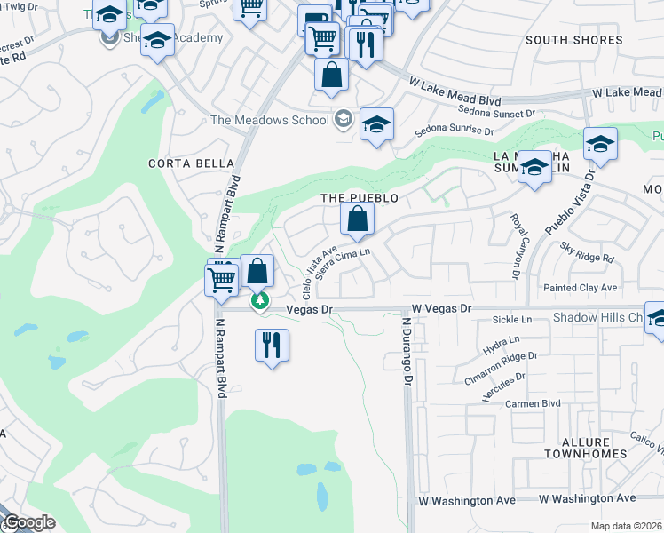 map of restaurants, bars, coffee shops, grocery stores, and more near 8604 Sierra Cima Lane in Las Vegas