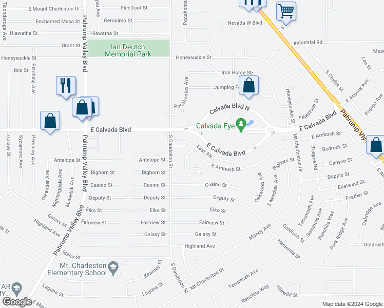 map of restaurants, bars, coffee shops, grocery stores, and more near 1880B East Ambush Street in Pahrump