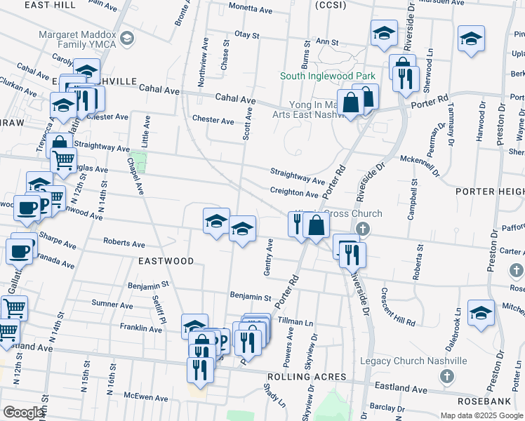 map of restaurants, bars, coffee shops, grocery stores, and more near in Nashville