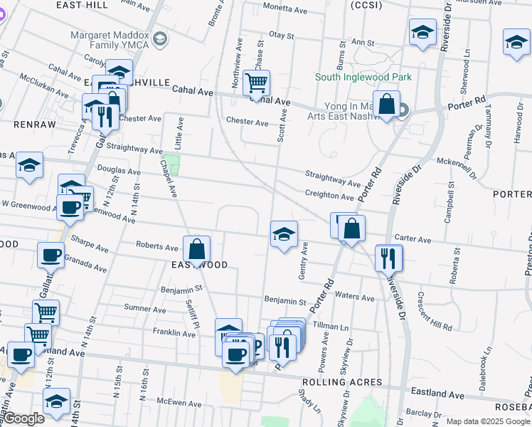 map of restaurants, bars, coffee shops, grocery stores, and more near 407 Scott Avenue in Nashville