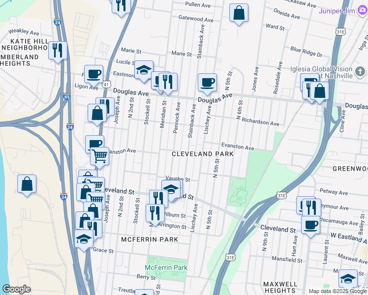map of restaurants, bars, coffee shops, grocery stores, and more near 1105 Pennock Avenue in Nashville