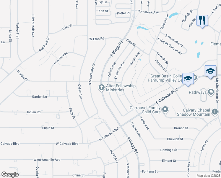 map of restaurants, bars, coffee shops, grocery stores, and more near 2001 Zelzah Avenue in Pahrump