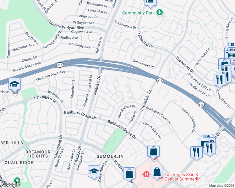 map of restaurants, bars, coffee shops, grocery stores, and more near 10313 Pacific Summerset Lane in Las Vegas