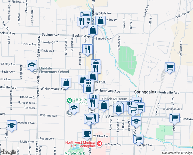 map of restaurants, bars, coffee shops, grocery stores, and more near 600 Harris Street in Springdale